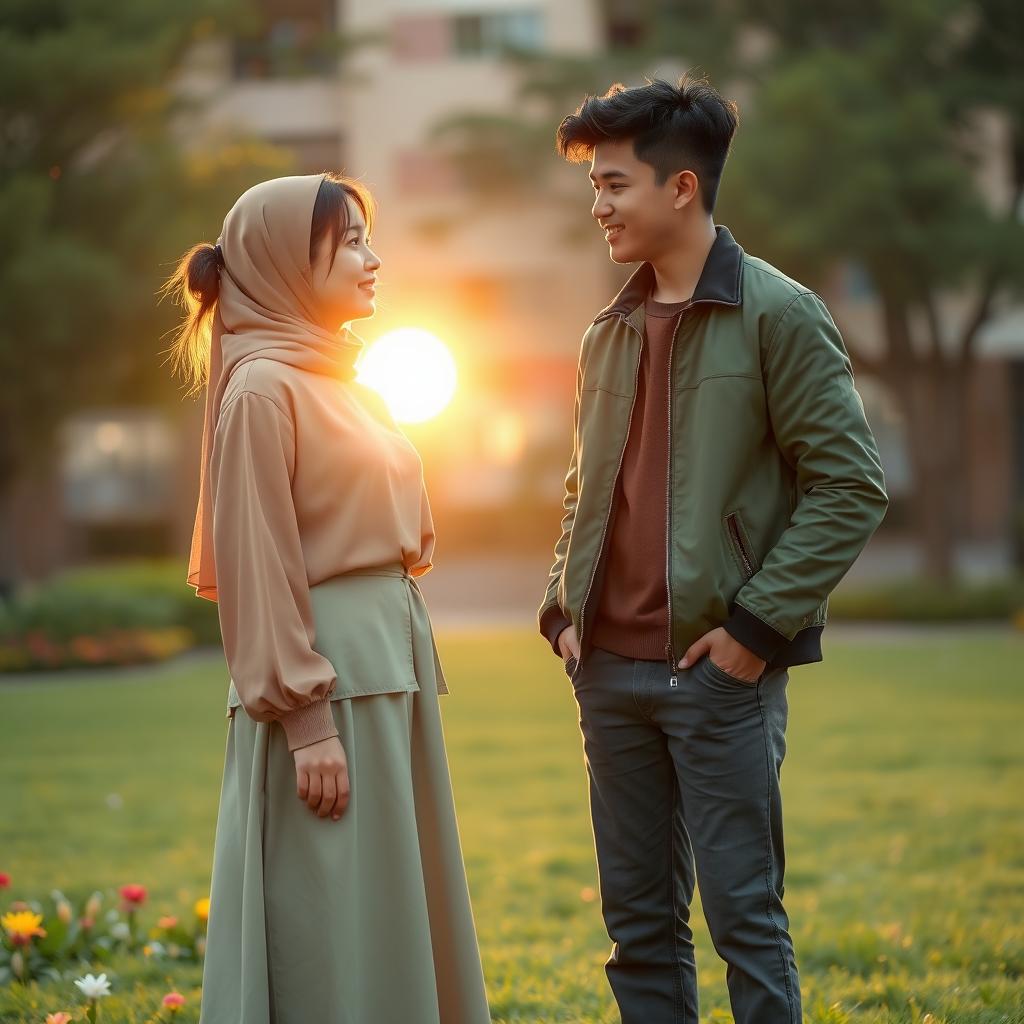 A touching high school romance scene titled 'Abu Hijau', portraying a charming interaction between two high school students