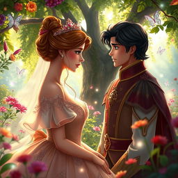 A princess in a fantasy garden, tears streaming down her face as she gazes at a prince who looks at her with concern