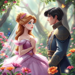 A princess in a fantasy garden, tears streaming down her face as she gazes at a prince who looks at her with concern