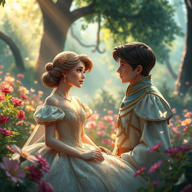 A princess in a fantasy garden, tears streaming down her face as she gazes at a prince who looks at her with concern