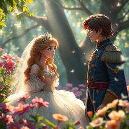 A princess in a fantasy garden, tears streaming down her face as she gazes at a prince who looks at her with concern