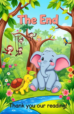 A charming illustration of Ellie the happy elephant sitting peacefully in the jungle surrounded by her friends, including a cheerful turtle, playful monkeys swinging in the trees, and colorful birds perched on branches, all smiling and enjoying a sunny day