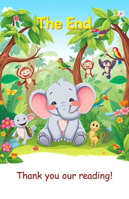 A charming illustration of Ellie the happy elephant sitting peacefully in the jungle surrounded by her friends, including a cheerful turtle, playful monkeys swinging in the trees, and colorful birds perched on branches, all smiling and enjoying a sunny day