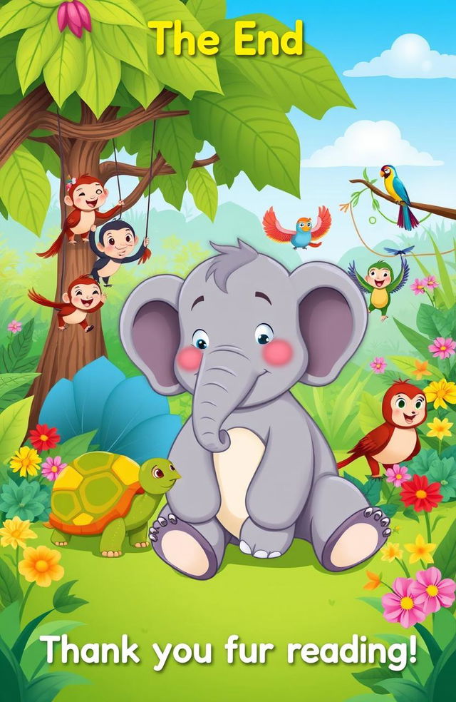 A charming illustration of Ellie the happy elephant sitting peacefully in the jungle surrounded by her friends, including a cheerful turtle, playful monkeys swinging in the trees, and colorful birds perched on branches, all smiling and enjoying a sunny day