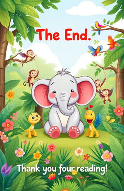 A charming illustration of Ellie the happy elephant sitting peacefully in the jungle surrounded by her friends, including a cheerful turtle, playful monkeys swinging in the trees, and colorful birds perched on branches, all smiling and enjoying a sunny day