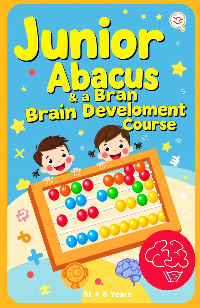 A vibrant and playful book cover illustration for a children's abacus course titled 'Junior Abacus & Brain Development Course'