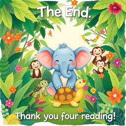 A charming illustration of Ellie the happy elephant sitting peacefully in a lush, colorful jungle surrounded by her friends, including a friendly turtle, playful monkeys, and cheerful birds, all smiling and enjoying a sunny day together