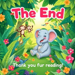 A charming illustration of Ellie the happy elephant sitting peacefully in a lush, colorful jungle surrounded by her friends, including a friendly turtle, playful monkeys, and cheerful birds, all smiling and enjoying a sunny day together