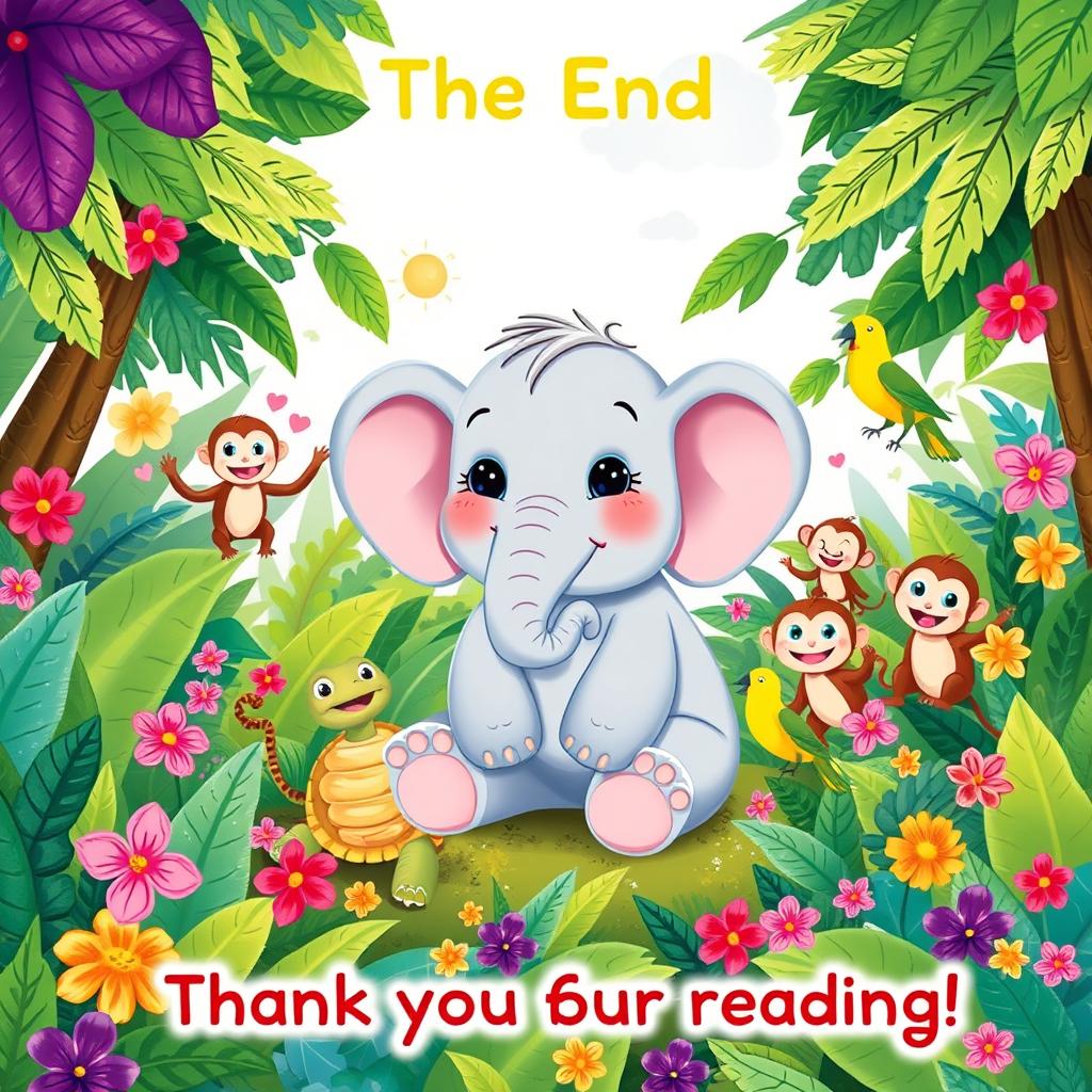 A charming illustration of Ellie the happy elephant sitting peacefully in a lush, colorful jungle surrounded by her friends, including a friendly turtle, playful monkeys, and cheerful birds, all smiling and enjoying a sunny day together