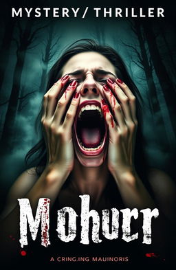 A gripping book cover for a Mystery/Thriller novel featuring a woman in terror, her mouth wide open in a scream