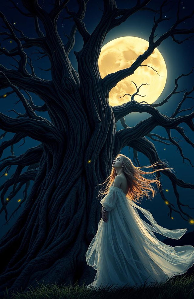 A young adult romance mystery scene featuring a girl stand beside a massive ancient tree under a luminous full moon