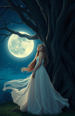 A young adult romance mystery scene featuring a girl stand beside a massive ancient tree under a luminous full moon