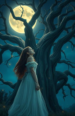 A young adult romance mystery scene featuring a girl stand beside a massive ancient tree under a luminous full moon