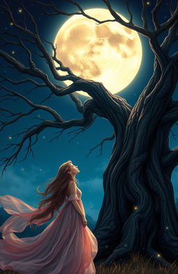 A young adult romance mystery scene featuring a girl stand beside a massive ancient tree under a luminous full moon