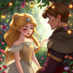 A princess crying softly while being watched by a prince in a whimsical fantasy garden