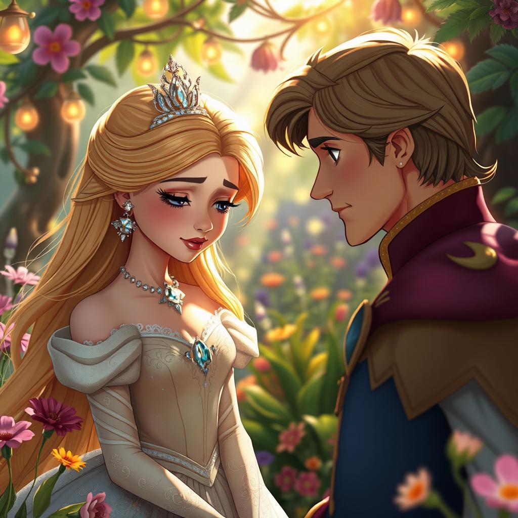 A princess crying softly while being watched by a prince in a whimsical fantasy garden