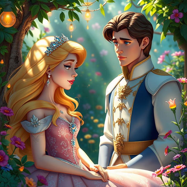 A princess crying softly while being watched by a prince in a whimsical fantasy garden