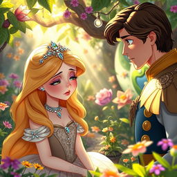 A princess crying softly while being watched by a prince in a whimsical fantasy garden