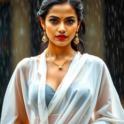A stunning Indian model wearing a Kerala style white chiffon saree, showcasing her bright eyes and gorgeous face