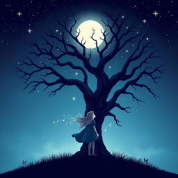 An enchanting book cover design featuring a girl standing beside a grand, ancient tree, gazing at a bright full moon in a starry night sky