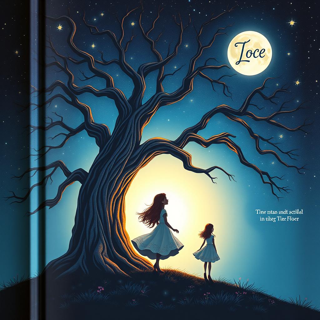 An enchanting book cover design featuring a girl standing beside a grand, ancient tree, gazing at a bright full moon in a starry night sky