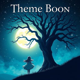 An enchanting book cover design featuring a girl standing beside a grand, ancient tree, gazing at a bright full moon in a starry night sky