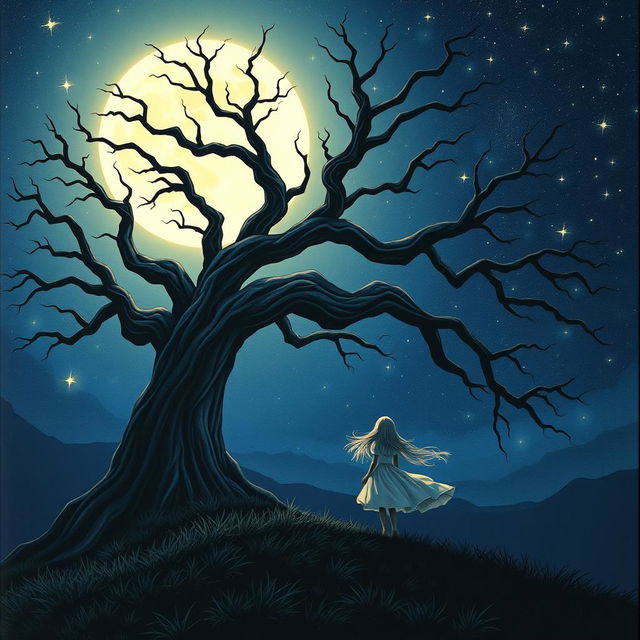 An enchanting book cover design featuring a girl standing beside a grand, ancient tree, gazing at a bright full moon in a starry night sky