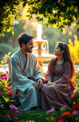 A serene and artistic representation of a young Semenarian man sitting in a tranquil garden, surrounded by lush greenery and vibrant flowers, engaged in a deep conversation with a young woman