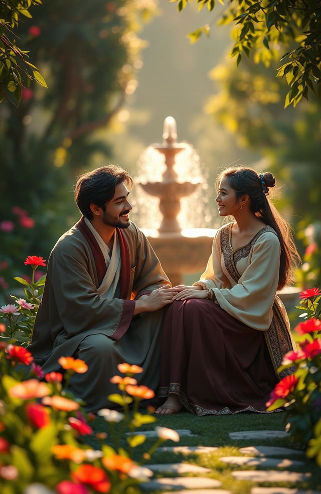 A serene and artistic representation of a young Semenarian man sitting in a tranquil garden, surrounded by lush greenery and vibrant flowers, engaged in a deep conversation with a young woman