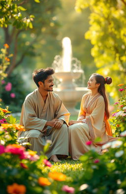 A serene and artistic representation of a young Semenarian man sitting in a tranquil garden, surrounded by lush greenery and vibrant flowers, engaged in a deep conversation with a young woman