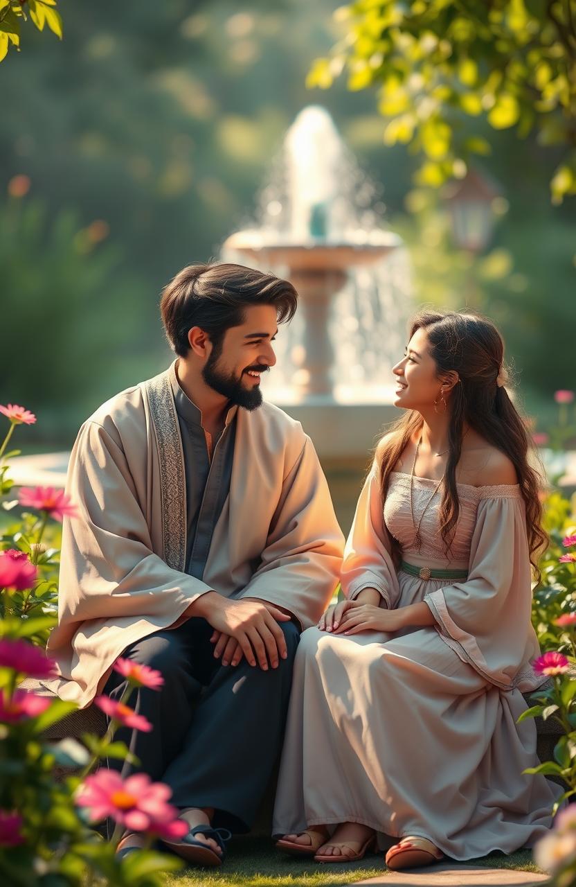 A serene and artistic representation of a young Semenarian man sitting in a tranquil garden, surrounded by lush greenery and vibrant flowers, engaged in a deep conversation with a young woman