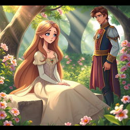 A princess with long flowing hair, wearing an elegant gown decorated with intricate patterns, sitting on a stone bench in a lush, vibrant garden