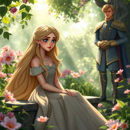 A princess with long flowing hair, wearing an elegant gown decorated with intricate patterns, sitting on a stone bench in a lush, vibrant garden