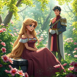 A princess with long flowing hair, wearing an elegant gown decorated with intricate patterns, sitting on a stone bench in a lush, vibrant garden