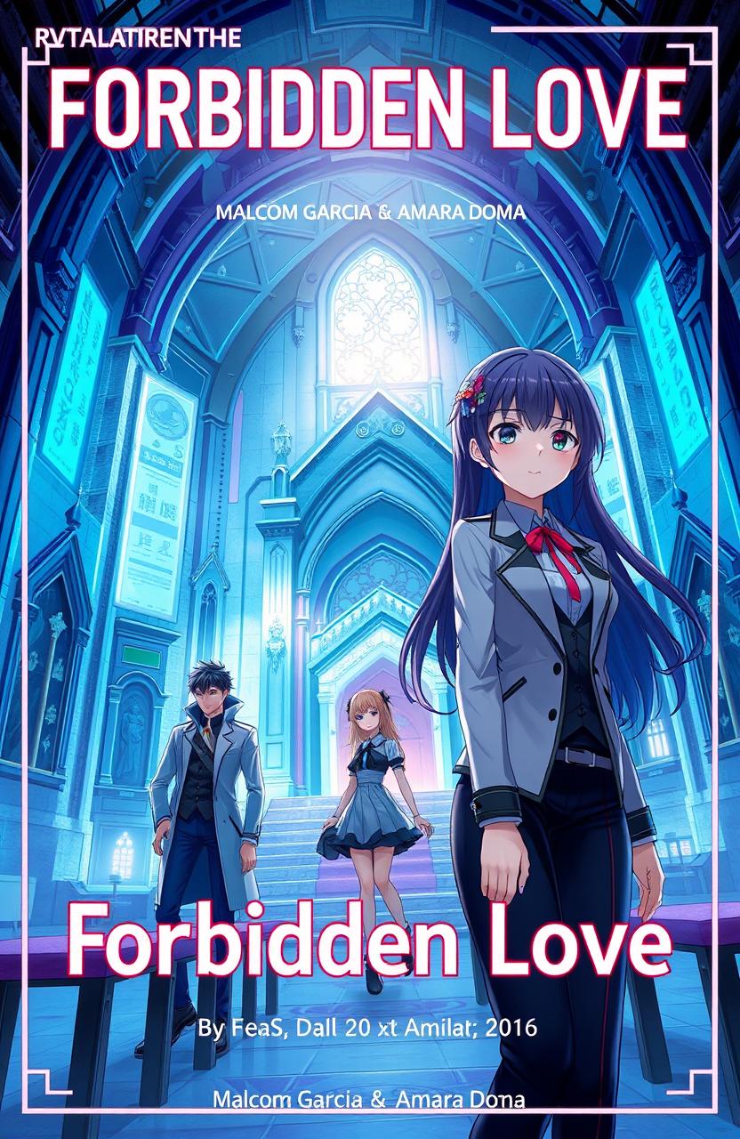 Futuristic album cover art for "Forbidden Love" by Malcom Garcia & Amara Doma, featuring anime characters