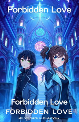 Futuristic album cover art for "Forbidden Love" by Malcom Garcia & Amara Doma, featuring anime characters