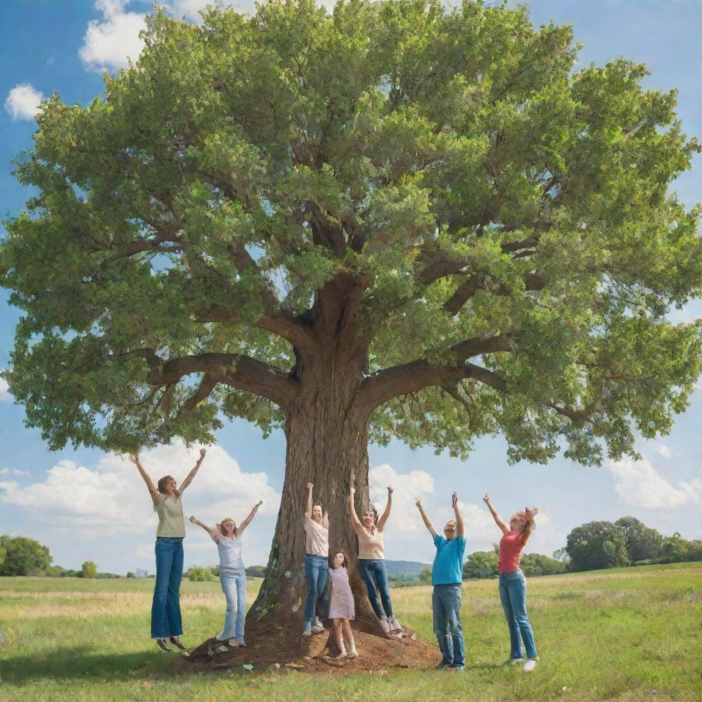 A huge leafy tree with leaves replaced by cash dollars, located in the countryside under a sunny sky with a few white clouds