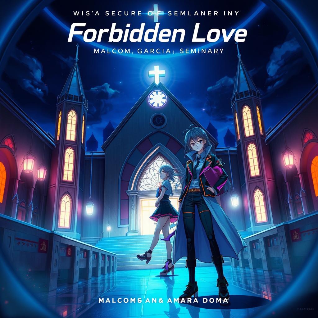 Futuristic album cover art for "Forbidden Love" by Malcom Garcia & Amara Doma, featuring anime characters