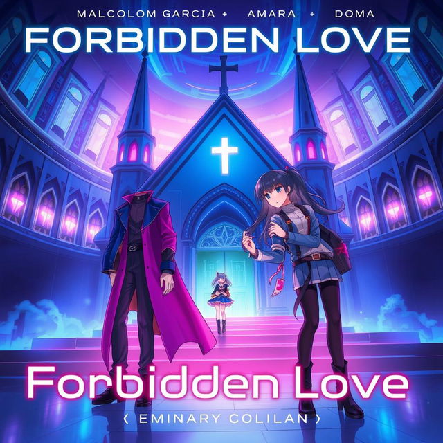 Futuristic album cover art for "Forbidden Love" by Malcom Garcia & Amara Doma, featuring anime characters