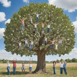 A huge leafy tree with leaves replaced by cash dollars, located in the countryside under a sunny sky with a few white clouds