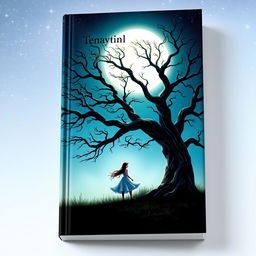 A captivating book cover design that showcases a girl standing next to a majestic, towering tree, illuminated by the glow of a full moon in a serene night sky