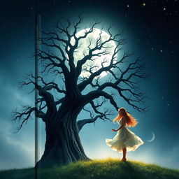 A captivating book cover design that showcases a girl standing next to a majestic, towering tree, illuminated by the glow of a full moon in a serene night sky