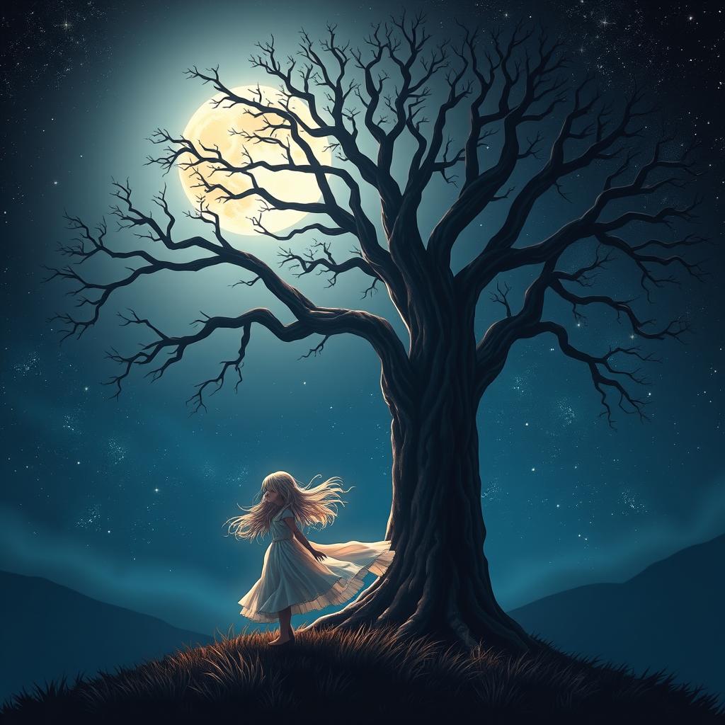 A captivating book cover design that showcases a girl standing next to a majestic, towering tree, illuminated by the glow of a full moon in a serene night sky