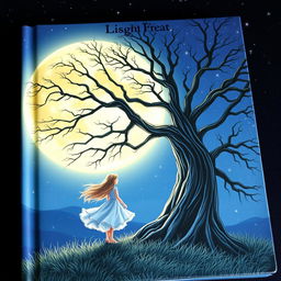 A captivating book cover design that showcases a girl standing next to a majestic, towering tree, illuminated by the glow of a full moon in a serene night sky
