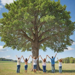 A huge leafy tree with leaves replaced by cash dollars, located in the countryside under a sunny sky with a few white clouds