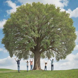 A huge leafy tree with leaves replaced by cash dollars, located in the countryside under a sunny sky with a few white clouds