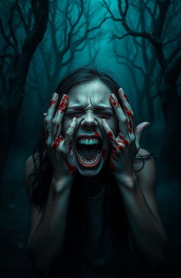 A mystery thriller scene featuring a terrified female character, screaming in fear with bloody hands dragging across her face