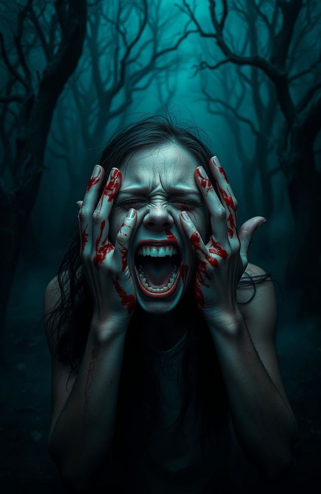 A mystery thriller scene featuring a terrified female character, screaming in fear with bloody hands dragging across her face