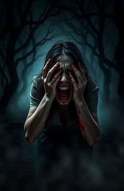 A mystery thriller scene featuring a terrified female character, screaming in fear with bloody hands dragging across her face