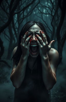 A mystery thriller scene featuring a terrified female character, screaming in fear with bloody hands dragging across her face